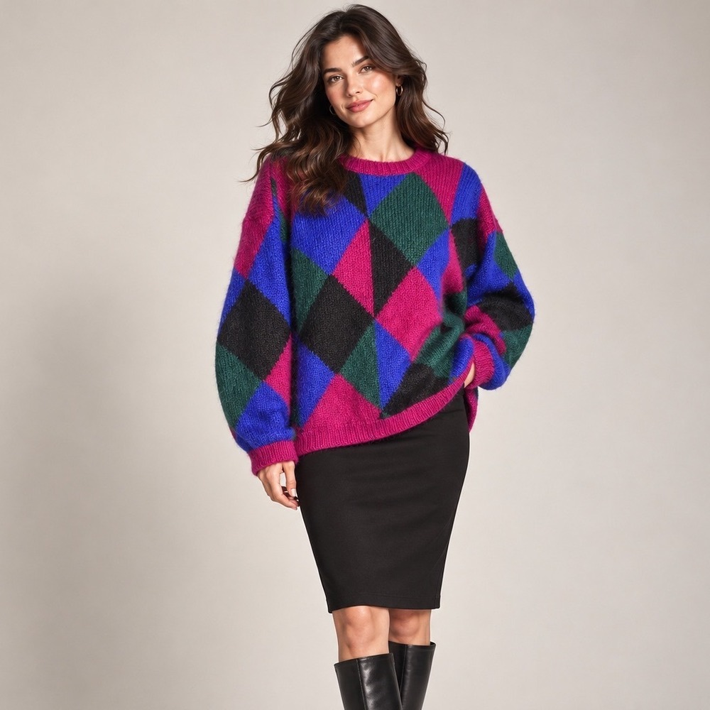 Vtg 90s Paris Sport Club Geometric Argyle Sweater 50% Mohair Fuzzy Knit L Grunge